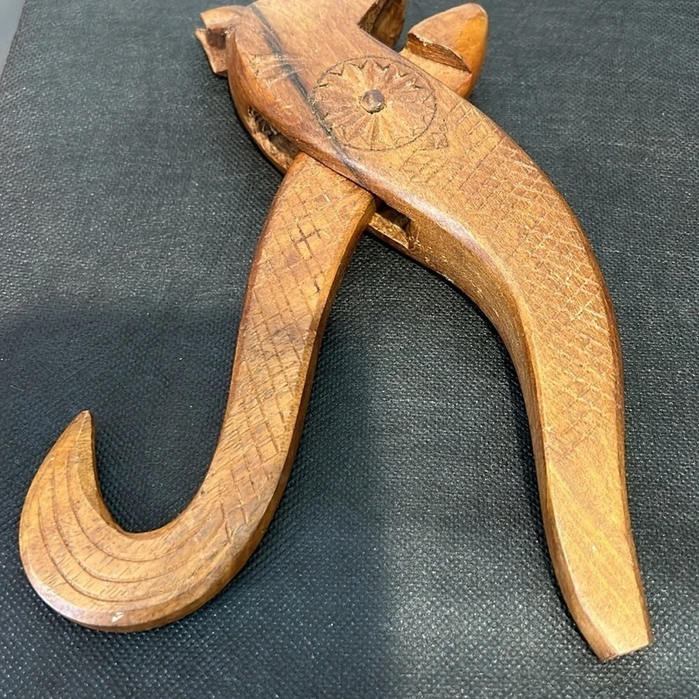 Vintage hand Carved Squirrel Wooden Nut Cracker Plier Design Detailed Folk art